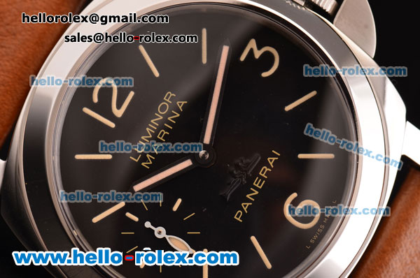 Panerai Luminor Marina Swiss ETA 6497 Manual Winding Steel Case with Black Dial and Brown Leather Strap - Click Image to Close