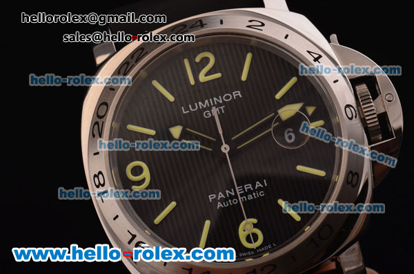 Panerai Luminor GMT Swiss ETA 2836 Automatic Steel Case with Black Dial and Black Leather Strap - 1:1 Original - Click Image to Close