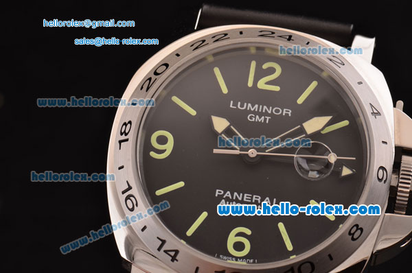 Panerai Luminor GMT PAM 29 Automatic Steel Case with Black Dial and Black Leather Strap - Click Image to Close