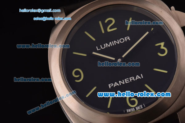 Panerai Luminor Pam 002 Manual Winding Movement Titanium Case with Black Dial and Green Numeral/Stick Marker-Black Leather Strap - Click Image to Close