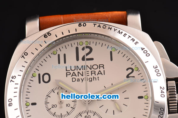 Panerai Luminor Chrono Daylight PAM 188 Steel Case with White Dial and Brown Leather Strap - Click Image to Close