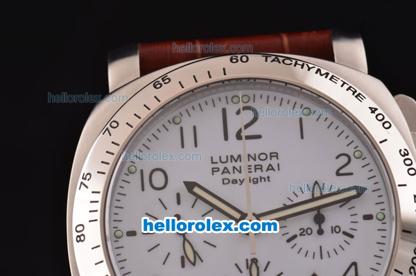 Panerai Luminor Chrono Daylight PAM 188 Swiss Valjoux 7750-SHG Steel Case with White Dial and Brown Leather Strap - Click Image to Close