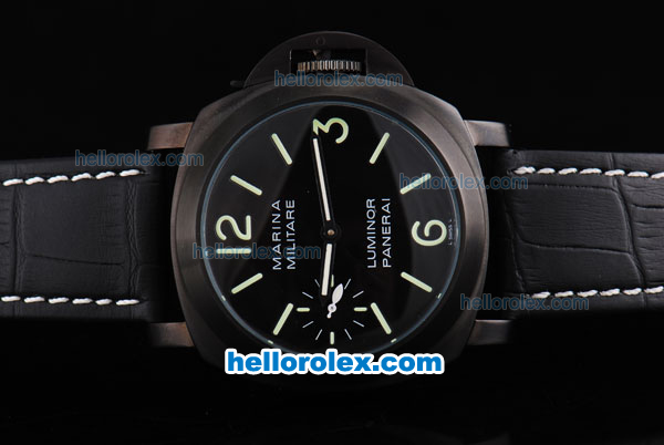 Panerai Marina Automatic Movement PVD Case with Black Dial and Green Marking-Black Leather Strap - Click Image to Close