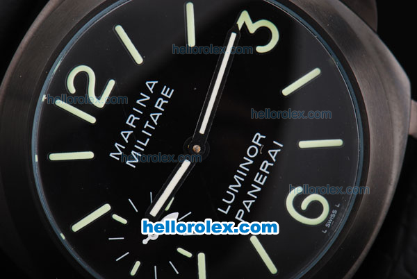 Panerai Marina Automatic Movement PVD Case with Black Dial and Green Marking-Black Leather Strap - Click Image to Close