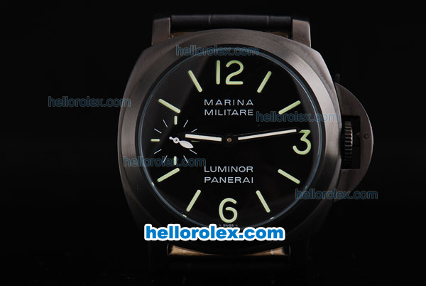 Panerai Marina Automatic Movement PVD Case with Black Dial and Green Marking-Black Leather Strap - Click Image to Close