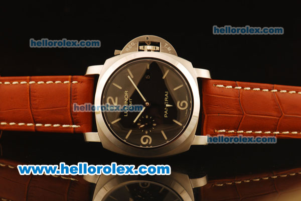 Panerai Luminor 1950 3 Days GMT Pam 320 Swiss Valjoux 7750 Automatic Steel Case with Green Markers and Brown Leather Strap - Click Image to Close