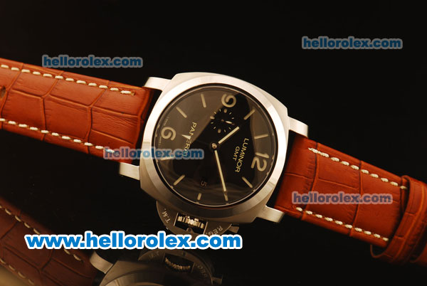 Panerai Luminor 1950 3 Days GMT Pam 320 Swiss Valjoux 7750 Automatic Steel Case with Green Markers and Brown Leather Strap - Click Image to Close