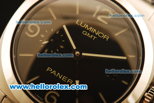 Panerai Luminor 1950 3 Days GMT Pam 329L Swiss Valjoux 7750 Automatic Steel Case with Black Dial and Green Markers-Steel Strap - Click Image to Close