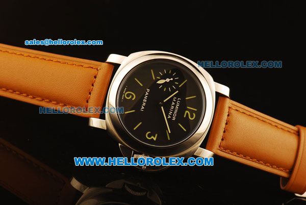 Panerai Luminor Marina Pam 111M Asia 6497 Manual Winding Movement Steel Case with Black Dial and Brown Leather Strap - Click Image to Close