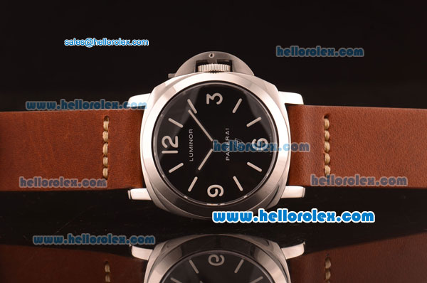 Panerai Luminor Base Pam 000 Swiss 6497 Manual Winding Steel Case with Black Dial and Brown Leather Strap - Click Image to Close