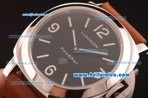 Panerai Luminor Base Pam 000 Swiss 6497 Manual Winding Steel Case with Black Dial and Brown Leather Strap - Click Image to Close