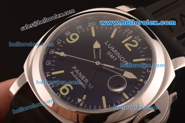 Panerai Luminor GMT PAM 244 Swiss ETA 2836 Automatic Steel Case with Black Dial and Black Rubber Strap - Click Image to Close