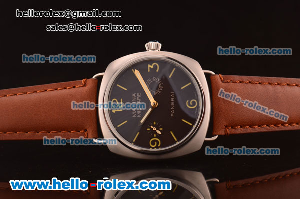 Panerai Luminor Marina Asia 6497 Manual Winding Steel Case with Black Dial and Brwon Leather Strap - Click Image to Close