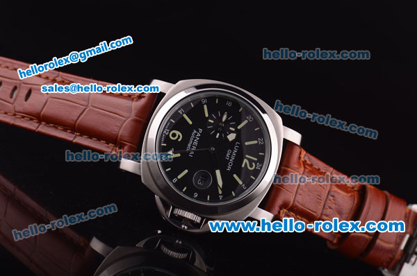 Panerai Luminor GMT Automatic Steel Case with Black Dial and Brown Leather Strap - Click Image to Close