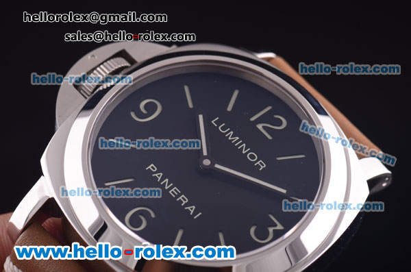 Panerai Luminor Base Pam 219 Asia 6497 Manual Winding Steel Case with Black Dial and Brwon Leather Strap - Click Image to Close