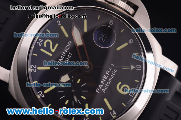 Panerai Luminor GMT PAM 244 Swiss Valjoux 7750 Automatic Steel Case with Black Dial and Black Rubber Strap-1:1 Original - Click Image to Close