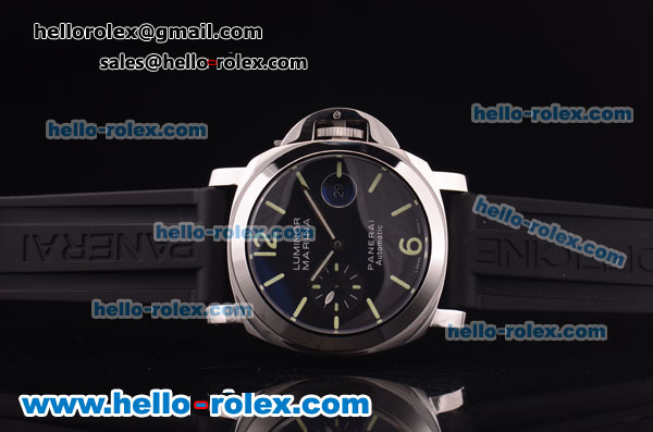 Panerai Luminor Marina Pam 104 Swiss Valjoux 7750 Automatic Steel Case with Black Dial and Black Rubber Strap-Luminous Markers - Click Image to Close