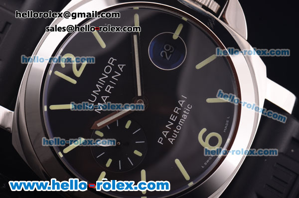 Panerai Luminor Marina Pam 104 Swiss Valjoux 7750 Automatic Steel Case with Black Dial and Black Rubber Strap-Luminous Markers - Click Image to Close