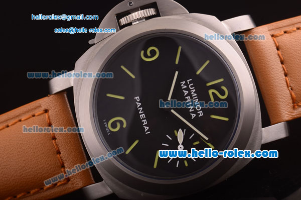 Panerai Luminor Marina Pam 172 Asia 6497 Manual Winding Titanium Case with Black Dial and Brown Leather Strap-Right Wrist Watch - Click Image to Close
