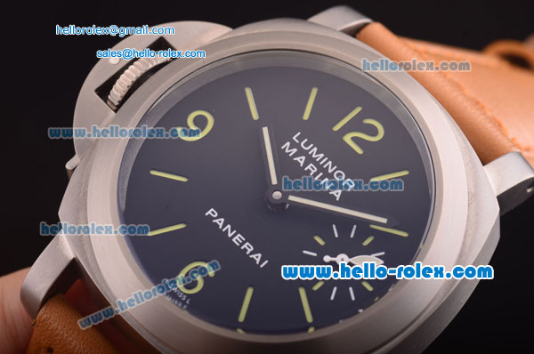 Panerai Luminor Marina Pam 172 Asia 6497 Manual Winding Titanium Case with Black Dial and Brown Leather Strap-Right Wrist Watch - Click Image to Close