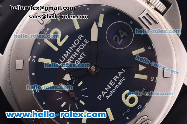 Panerai Northpole GMT Pam 186 Swiss Valjoux 7750 Automatic Steel Case with Blue Dial and Black Rubber Strap - Click Image to Close