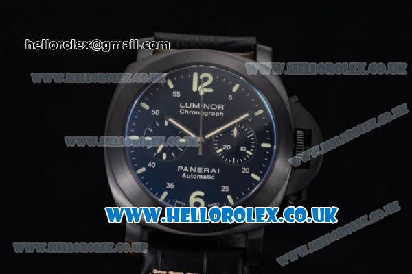Panerai Luminor Chrono PAM 212 Copy Venus 75 Manual Winding PVD Case with Black Dial Stick Markers and Black Leather Strap - Click Image to Close