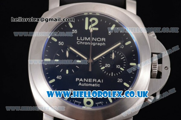 Panerai Luminor Chrono PAM 310 Copy Venus 75 Manual Winding Steel Case with Black Dial Stick Markers and Black Rubber Strap - Click Image to Close