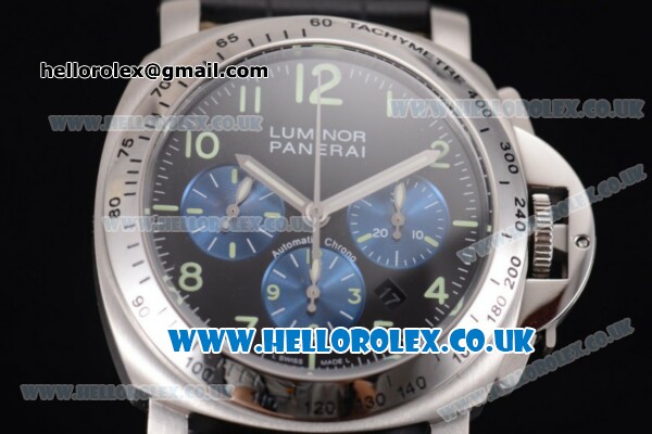 Panerai Luminor Chrono PAM 162 Copy Venus 75 Manual Winding Steel Case with Black Dial Stick Markers and Black Leather Strap - Click Image to Close
