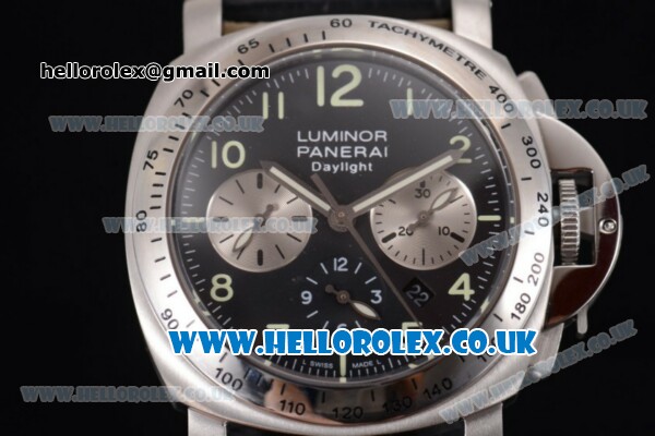 Panerai Luminor Chrono PAM 308 Daylight Swiss Valjoux 7750 Automatic Steel Case with Black Dial Stick Markers and Black Leather Strap - Click Image to Close