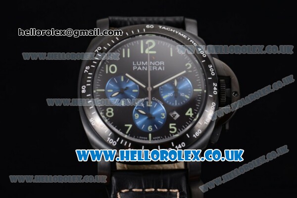 Panerai Luminor Chrono PAM 162 Swiss Valjoux 7750 Automatic PVD Case with Black Dial Blue Subdial and Black Leather Strap - Click Image to Close