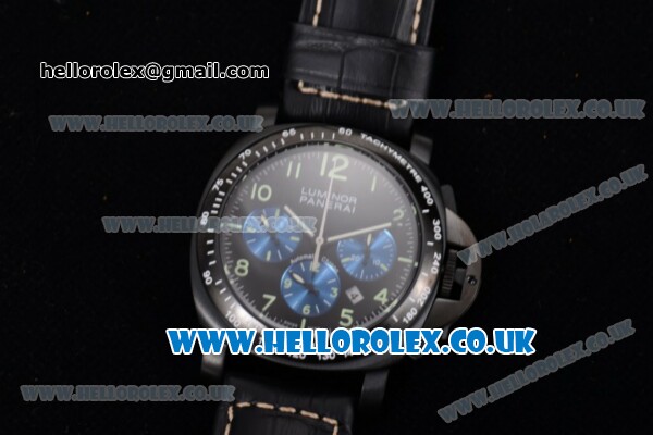 Panerai Luminor Chrono PAM 162 Swiss Valjoux 7750 Automatic PVD Case with Black Dial Blue Subdial and Black Leather Strap - Click Image to Close