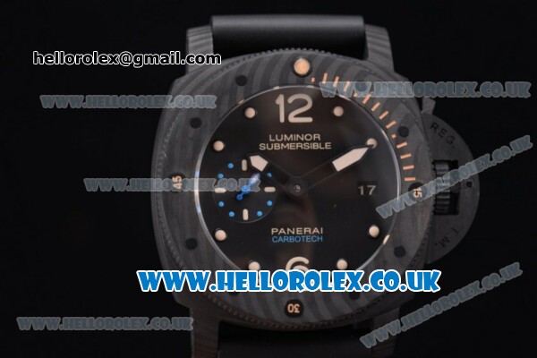 Panerai PAM 616 Luminor Submersible 1950 Carbotech – 3 Days Automatic Clone P.9000 Automatic Carbon Fiber Case with Skeleton Dial and Black Rubber Strap - Click Image to Close