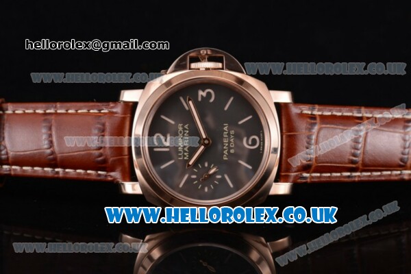 Panerai PAM 511 Luminor Marina 8 Days Oro Rosso Clone P.5000 Manual Winding Rose Gold Case with Brown Dial Brown Leather Strap and Arabic Number Markers (ZF) - Click Image to Close