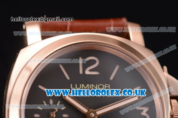 Panerai PAM 511 Luminor Marina 8 Days Oro Rosso Clone P.5000 Manual Winding Rose Gold Case with Brown Dial Brown Leather Strap and Arabic Number Markers (ZF) - Click Image to Close