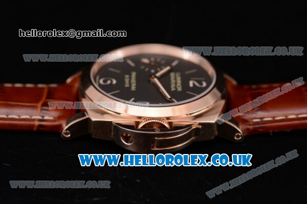 Panerai PAM 511 Luminor Marina 8 Days Oro Rosso Clone P.5000 Manual Winding Rose Gold Case with Brown Dial Brown Leather Strap and Arabic Number Markers (ZF) - Click Image to Close