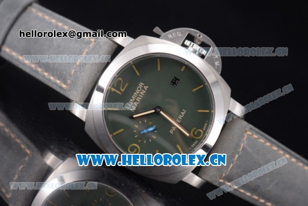 Panerai Luminor Marina 1950 3 Days Asia ST25 Automatic Steel Case with Green Dial Stick/Arabic Numeral Markers and Grey Leather Strap - Click Image to Close