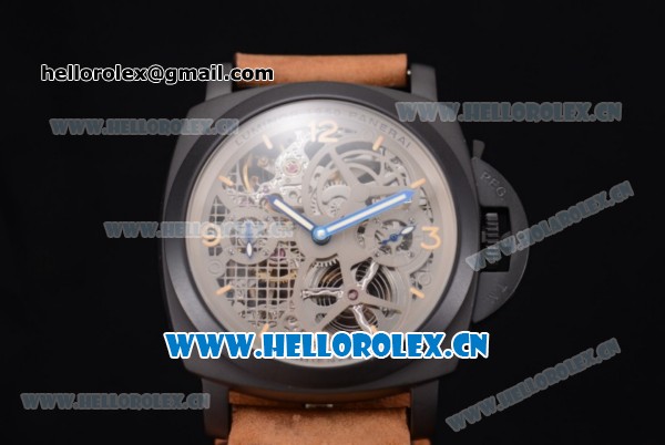 Panerai Luminor 1950 Tourbillon GMT Asia 6497 Manual Winding PVD Case with Skeleton Dial Stick/Arabic Numeral Markers and Brown Leather Strap - Click Image to Close