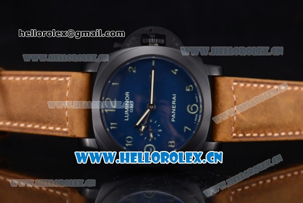 Panerai Luminor 1950 3 Days GMT Asia ST25 Automatic PVD Case with Blue Dial Arabic Numeral Markers and Brown Leather Strap - Click Image to Close