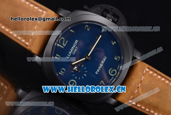 Panerai Luminor 1950 3 Days GMT Asia ST25 Automatic PVD Case with Blue Dial Arabic Numeral Markers and Brown Leather Strap - Click Image to Close