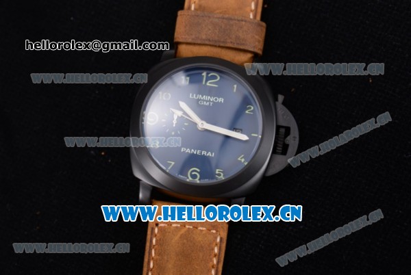 Panerai Luminor 1950 3 Days GMT Asia ST25 Automatic PVD Case with Blue Dial Arabic Numeral Markers and Brown Leather Strap - Click Image to Close