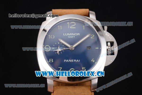 Panerai Luminor 1950 3 Days GMT Asia ST25 Automatic Steel Case with Blue Dial Arabic Numeral Markers and Brown Leather Strap - Click Image to Close