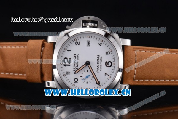 Panerai Luminor Marina Automatic Clone Panerai 9010 Automatic Steel Case with White Dial Arabic Numeral Markers and Brown Leather Strap (ZF) - Click Image to Close