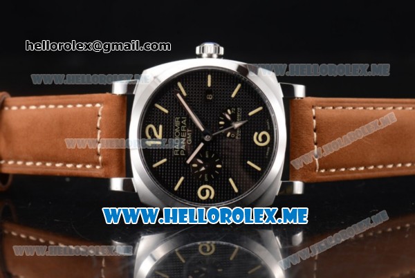 Panerai Radiomir 1940 3 Days GMT Power Reserve Asia ST25 Automatic Steel Case with Black Dial and Brown Leather Strap Stick/Arabic Numeral Markers - Click Image to Close