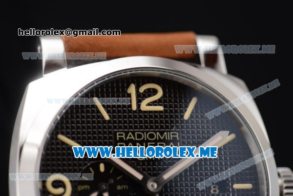 Panerai Radiomir 1940 3 Days GMT Power Reserve Asia ST25 Automatic Steel Case with Black Dial and Brown Leather Strap Stick/Arabic Numeral Markers - Click Image to Close