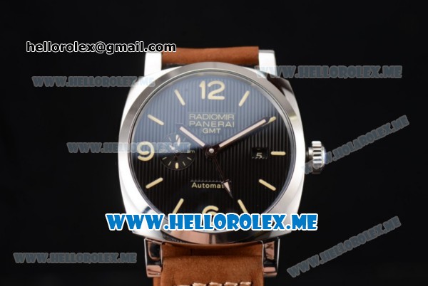 Panerai Radiomir 1940 3 Days GMT Asia ST25 Automatic Steel Case with Black Dial and Brown Leather Strap Stick/Arabic Numeral Markers - Click Image to Close