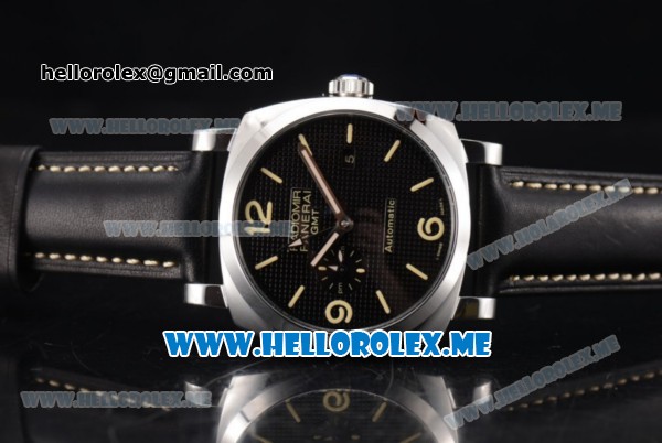 Panerai Radiomir 1940 3 Days GMT Automatic Asia ST25 Automatic Steel Case with Black Dial and Black Leather Strap Stick/Arabic Numeral Markers - Click Image to Close