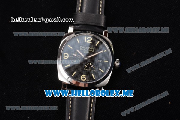 Panerai Radiomir 1940 3 Days GMT Power Reserve Asia ST25 Automatic Steel Case with Black Dial and Black Leather Strap Stick/Arabic Numeral Markers - Click Image to Close
