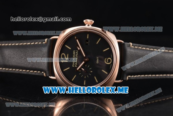 Panerai Radiomir GMT Asia ST25 Automatic Rose Gold Case with Black Dial and Black Leather Strap Stick/Arabic Numeral Markers - Click Image to Close