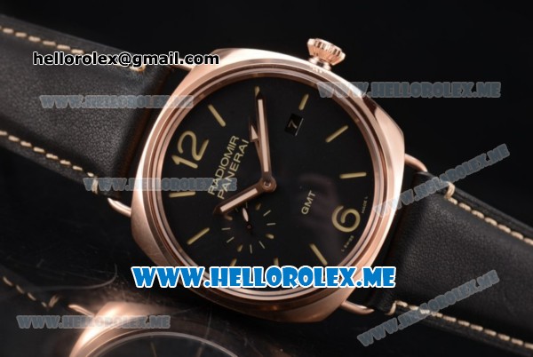 Panerai Radiomir GMT Asia ST25 Automatic Rose Gold Case with Black Dial and Black Leather Strap Stick/Arabic Numeral Markers - Click Image to Close