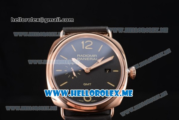 Panerai Radiomir GMT Asia ST25 Automatic Rose Gold Case with Black Dial and Black Leather Strap Stick/Arabic Numeral Markers - Click Image to Close